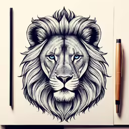 a pen drawing of a lion with blue eyes
