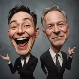 two men in suit and ties have their faces cut out as if they were laughing