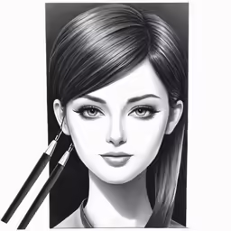 an ink drawing of a woman with long hair and bangs