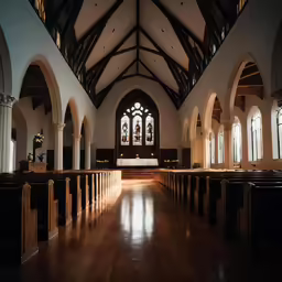 a cathedral with wood pews and stained glass windows