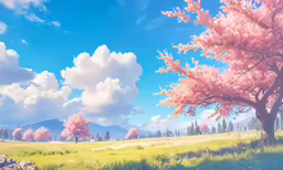 the grass is blooming in a field with some trees