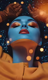 a woman in a blue body with lots of gold eyes