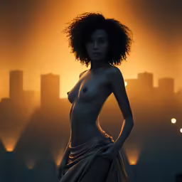 a nude woman standing next to some buildings