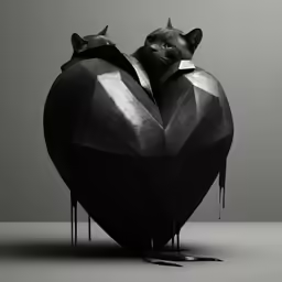 a black cat laying on top of a large heart