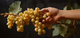 a hand is picking a cluster of yellow grapes