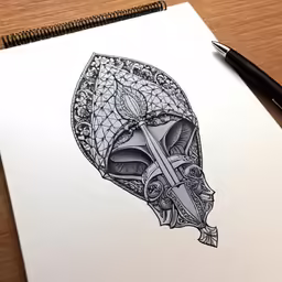 a drawing that looks like a human skull with a sword on it