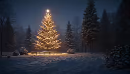 a lighted christmas tree is in the middle of a snowy park