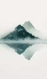 a mountain range covered with fog near water
