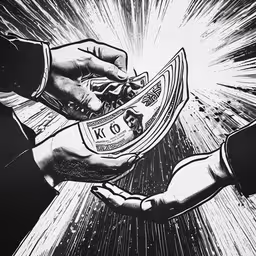 hands exchanging money in black and white,hands reaching out to touch a dollar bill