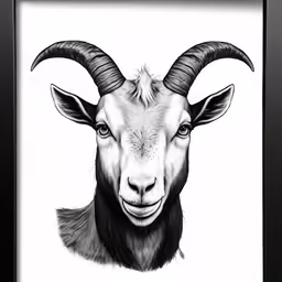 a goat with horns drawn in black ink