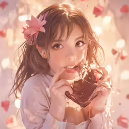 an adorable little girl with pink hair is holding a piece of chocolate