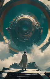 an image of a man standing in front of a circle in the sky