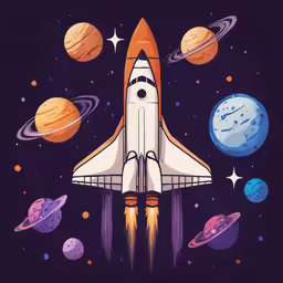 space shuttle in space against the backdrop of planets