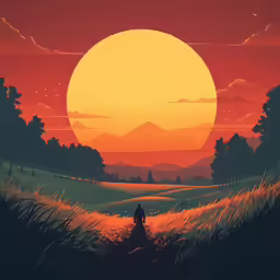 a painting of a man walking down a path towards the setting sun