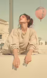 a young woman is posing on a ledge in front of hot air balloons