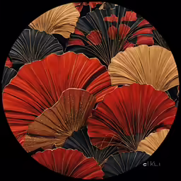 a circular plate with abstract shapes of red fan shaped fan petals
