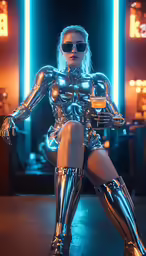 woman in a silver bodysuit sitting on stage