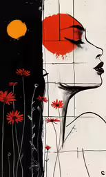 an abstract painting with flowers painted on it