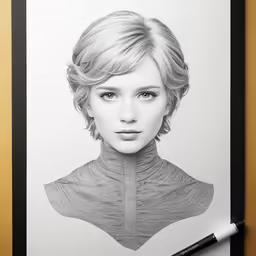 a pencil drawing of a woman in black and white