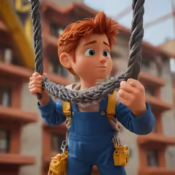 a little boy with red hair and a yellow safety helmet is on a toy swing