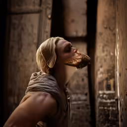 a woman with her mouth open with a large mustache