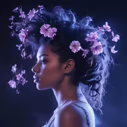 a woman with pink flowers on her head