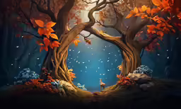 a painting of an orange colored tree with a small deer