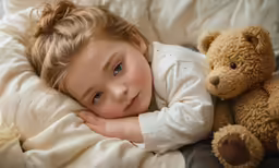 the young girl is sleeping beside a teddy bear