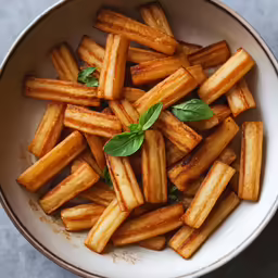 a bowl filled with fries and garnish with a leafy top