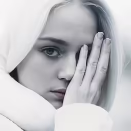 a woman in a white blanket holds her hands to her face