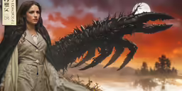 a woman walking towards an enormous creature with the words weird stories written on it