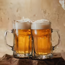 two beer mugs filled with lots of foam