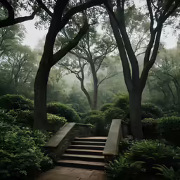 a stone stairway in the woods surrounded by trees
