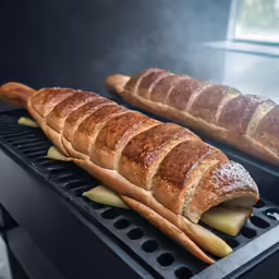 two long breads are sitting on the grill, one has been grilled