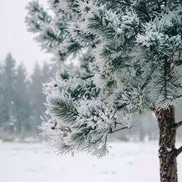 snow - covered pine tree branches against a cloudy winter sky
