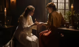 two women sitting in a dark room shaking hands