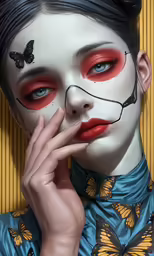 a girl with butterfly painted makeup is covering her face