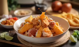 a bowl of mexican pasta and meat next to a wooden plate