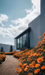 a path that leads to some windows and some flowers
