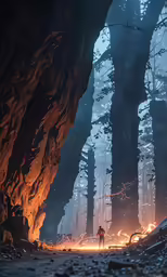 the man is walking through the foggy forest