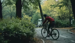 a man rides a bike on a paved road in a green park area