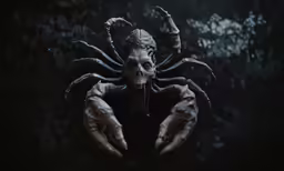 an art work with large hands and scary, evil, face