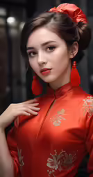 a woman with a red dress and flower hair