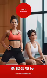 a woman is in front of two other women with a red and white background