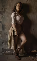 a woman dressed in short, tan dress and boots