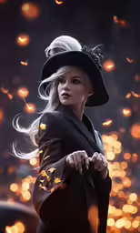 a woman with blond hair wearing a black hat and coat