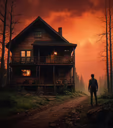 a man standing in front of a house on the road,man standing on trail in front of wood log home