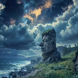 the digital artwork depicts a surreal ocean scene and a large head, surrounded by grassy hills with a shoreline below