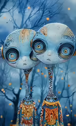 the two strange blue faces have been made to look like they are standing in front of the