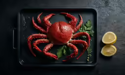 a crab on a tray with slices of lemon